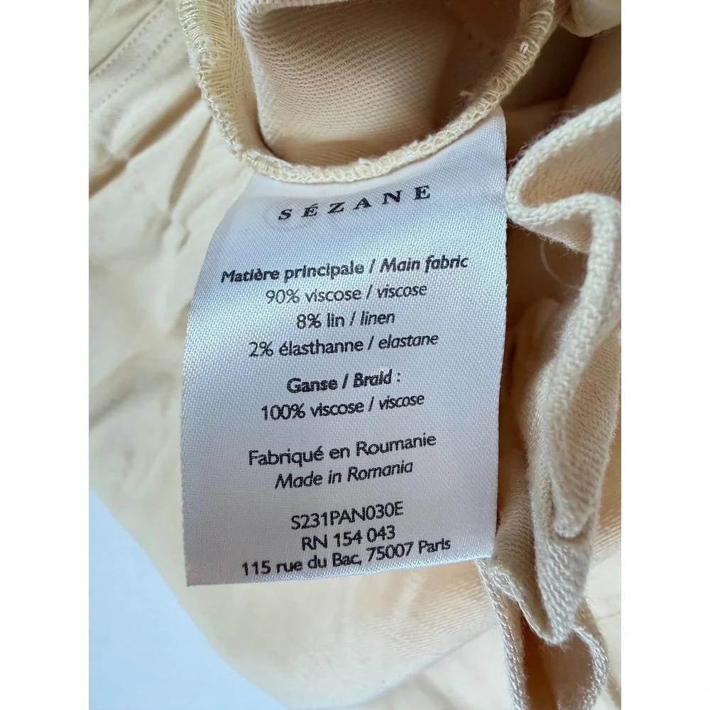 Sezane Silas Cream Linen Blend Paperbag Waist Wide Leg Trousers Pants Ecru Sz 46